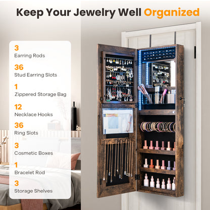 42.5 Inch Lockable Jewelry Wall Cabinet with Full-Length Mirror, 3-Color LED Lights – Rustic Brown