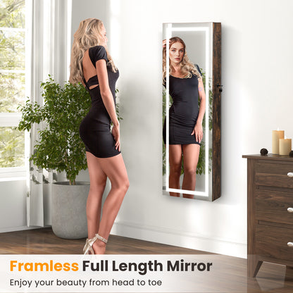 42.5 Inch Lockable Jewelry Wall Cabinet with Full-Length Mirror, 3-Color LED Lights – Rustic Brown
