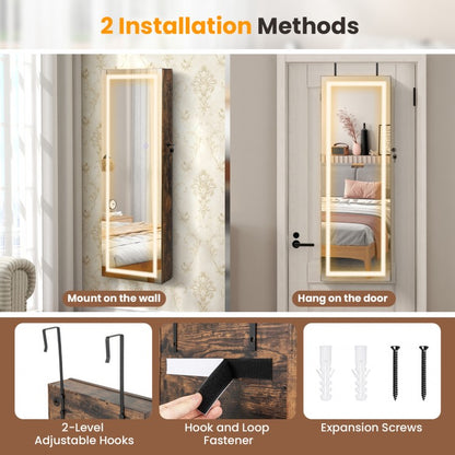 42.5 Inch Lockable Jewelry Wall Cabinet with Full-Length Mirror, 3-Color LED Lights – Rustic Brown