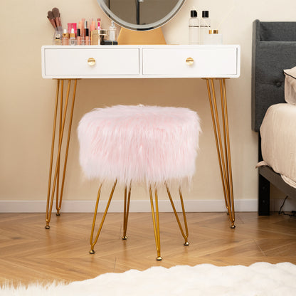 Luxurious Faux Fur Vanity Stool with Gold Metal Legs in Pink