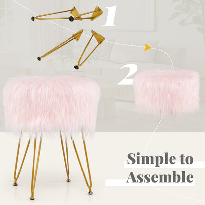 Luxurious Faux Fur Vanity Stool with Gold Metal Legs in Pink