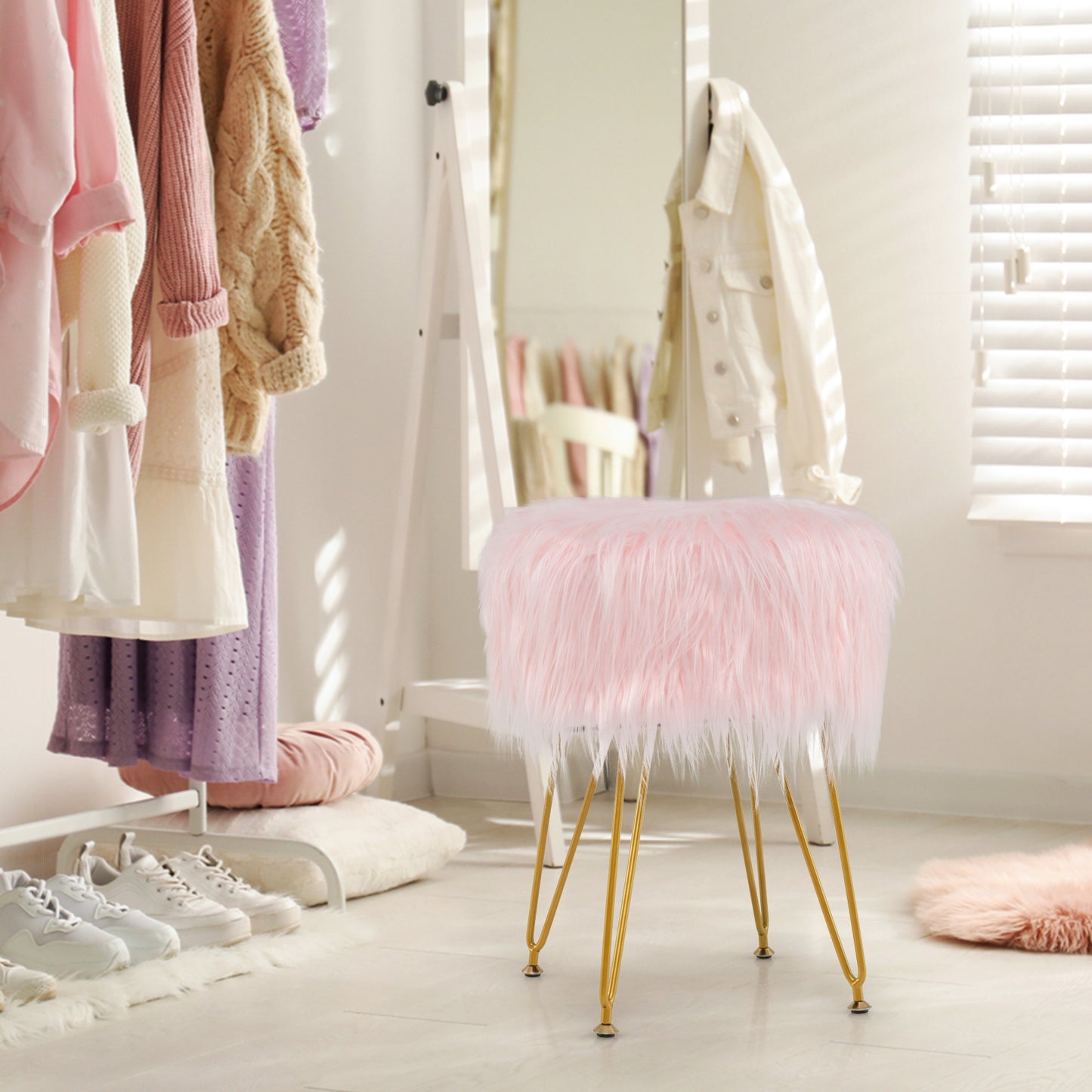 Luxurious Faux Fur Vanity Stool with Gold Metal Legs in Pink