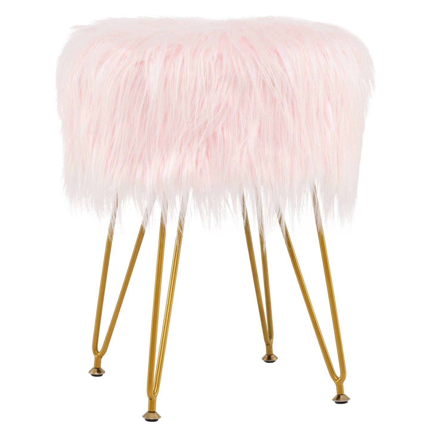 Luxurious Faux Fur Vanity Stool with Gold Metal Legs in Pink