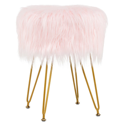 Luxurious Faux Fur Vanity Stool with Gold Metal Legs in Pink