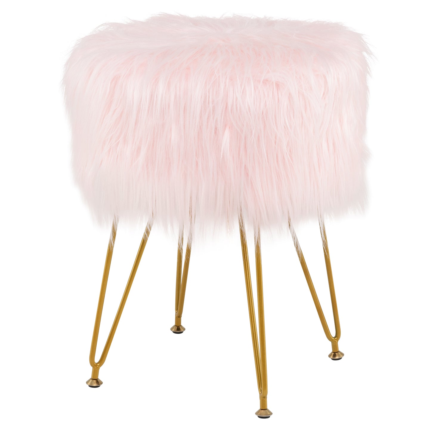 Luxurious Faux Fur Vanity Stool with Gold Metal Legs in Pink