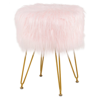 Luxurious Faux Fur Vanity Stool with Gold Metal Legs in Pink