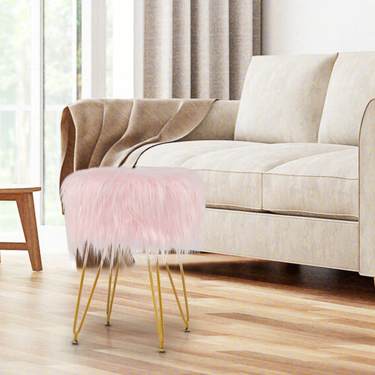 Luxurious Faux Fur Vanity Stool with Gold Metal Legs in Pink
