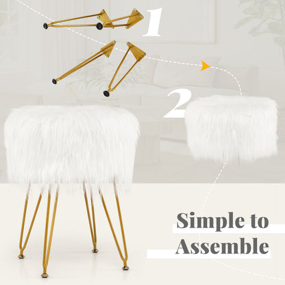 Luxurious Faux Fur Vanity Stool with Gold Metal Legs in White