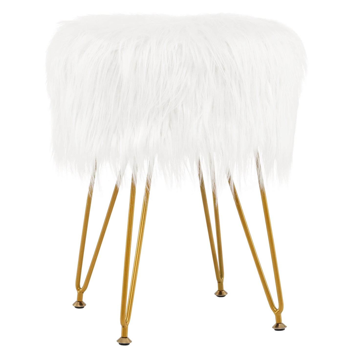 Luxurious Faux Fur Vanity Stool with Gold Metal Legs in White
