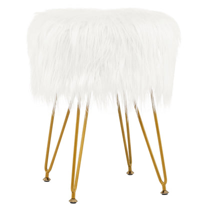 Luxurious Faux Fur Vanity Stool with Gold Metal Legs in White