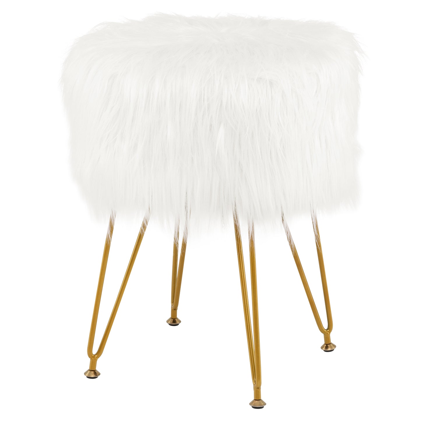 Luxurious Faux Fur Vanity Stool with Gold Metal Legs in White