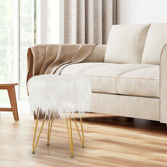 Luxurious Faux Fur Vanity Stool with Gold Metal Legs in White