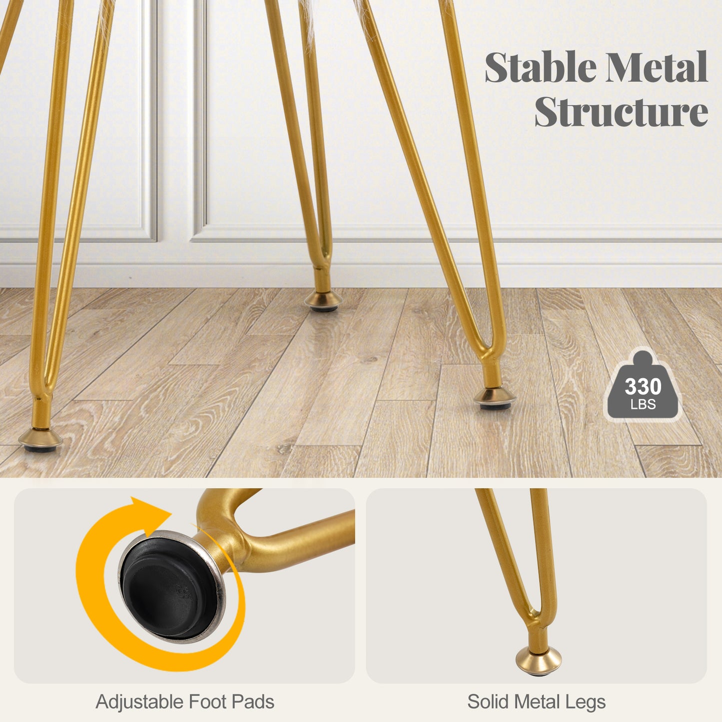 Luxurious Faux Fur Vanity Stool with Gold Metal Legs in White