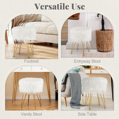 Luxurious Faux Fur Vanity Stool with Gold Metal Legs in White