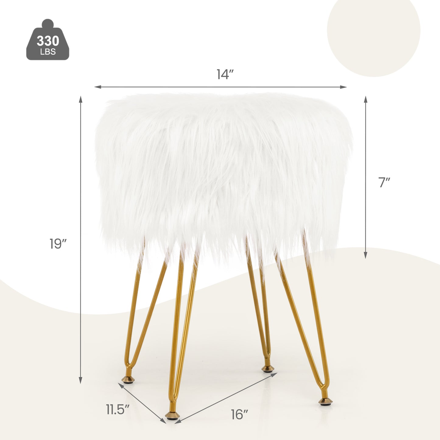 Luxurious Faux Fur Vanity Stool with Gold Metal Legs in White
