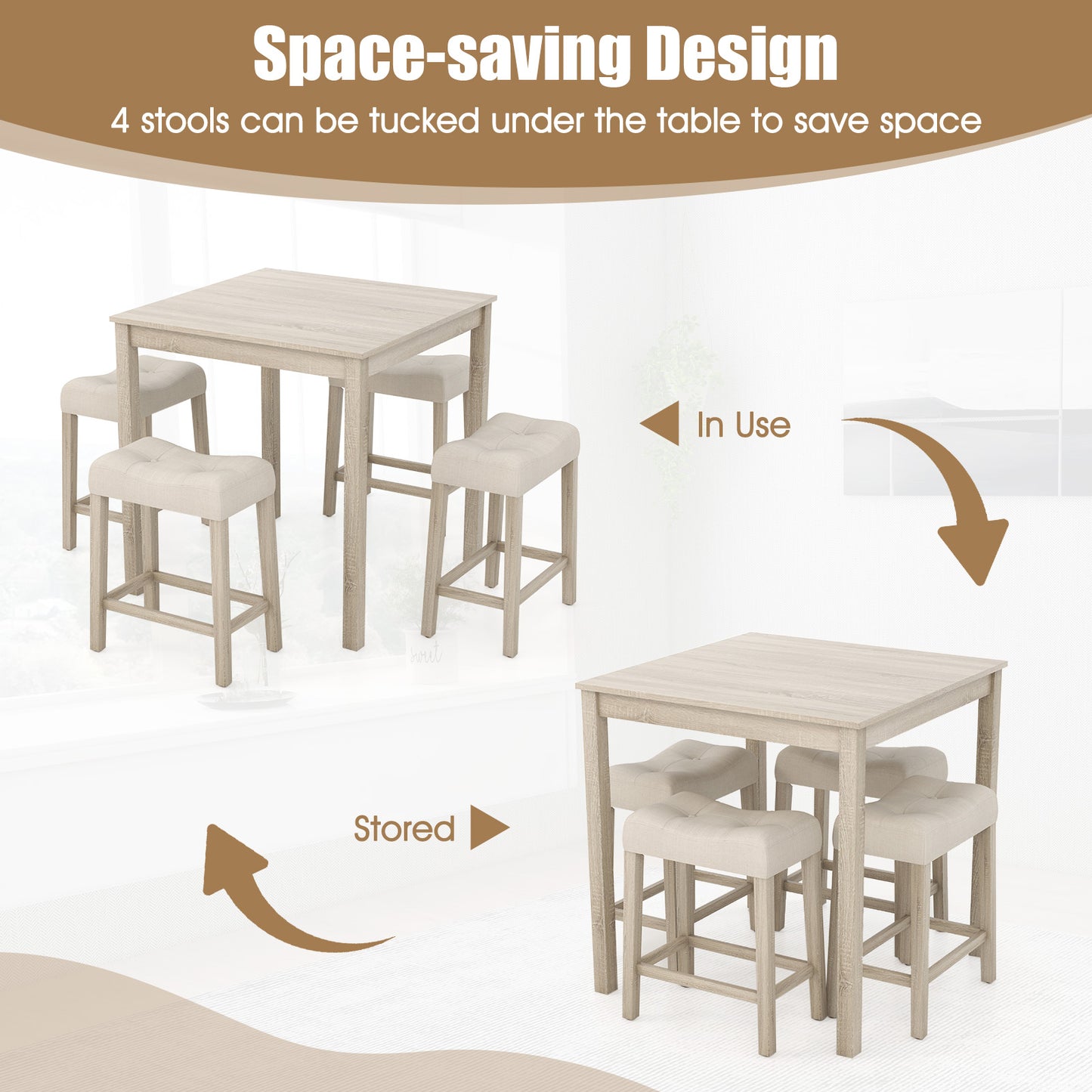 5 Piece Counter Height Dining Set with Square Table and Upholstered Stools