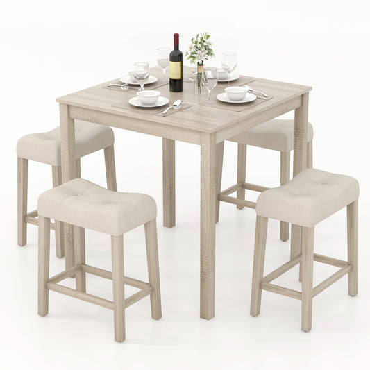 5 Piece Counter Height Dining Set with Square Table and Upholstered Stools