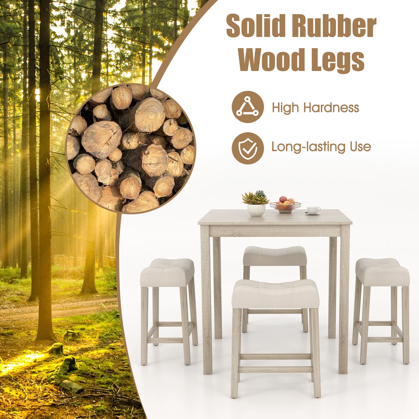 5 Piece Counter Height Dining Set with Square Table and Upholstered Stools