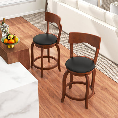 2 Pieces Swivel Bar Stools with Rubber Wood Frame and Upholstered Faux Leather Seat - 24 Inch
