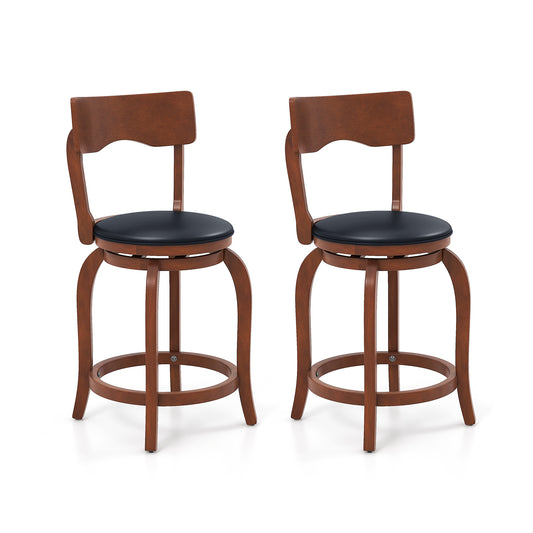 2 Pieces Swivel Bar Stools with Rubber Wood Frame and Upholstered Faux Leather Seat - 24 Inch