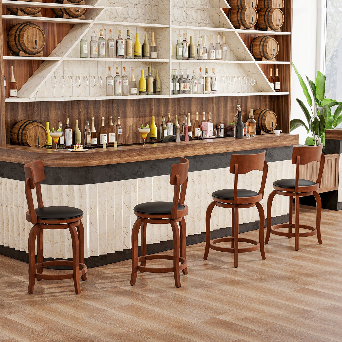 2 Pieces Swivel Bar Stools with Rubber Wood Frame and Upholstered Faux Leather Seat - 24 Inch