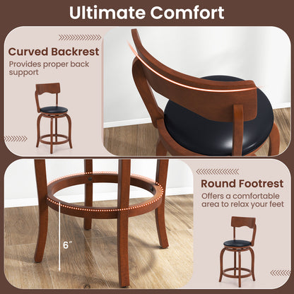 2 Pieces Swivel Bar Stools with Rubber Wood Frame and Upholstered Faux Leather Seat - 24 Inch