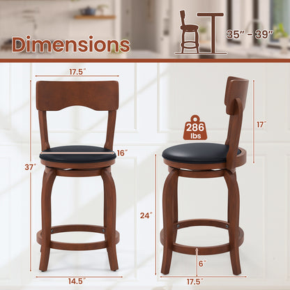 2 Pieces Swivel Bar Stools with Rubber Wood Frame and Upholstered Faux Leather Seat - 24 Inch