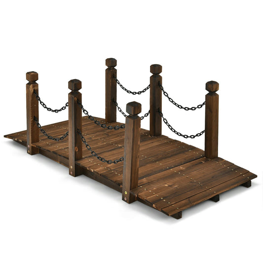 5 Foot Wooden Garden Bridge with Arc Design, Stained Finish & Safety Rails