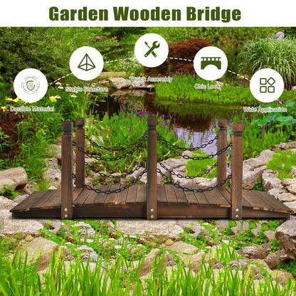 5 Foot Wooden Garden Bridge with Arc Design, Stained Finish & Safety Rails