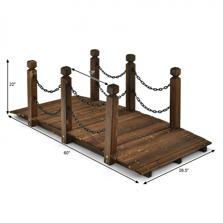 5 Foot Wooden Garden Bridge with Arc Design, Stained Finish & Safety Rails