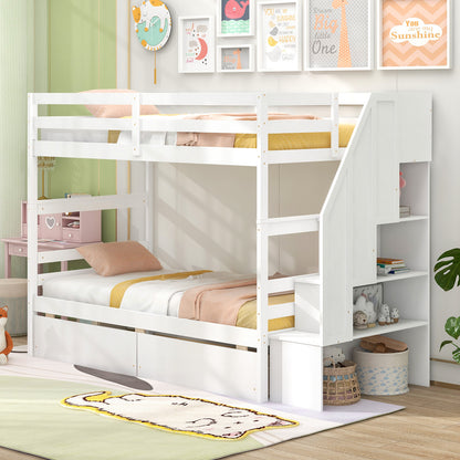 Solid Wood Twin Over Twin Bunk Bed with Storage Stairs, Drawers, and Guardrails - White