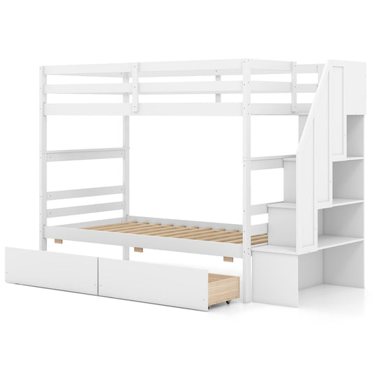 Solid Wood Twin Over Twin Bunk Bed with Storage Stairs, Drawers, and Guardrails - White