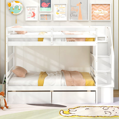 Solid Wood Twin Over Twin Bunk Bed with Storage Stairs, Drawers, and Guardrails - White