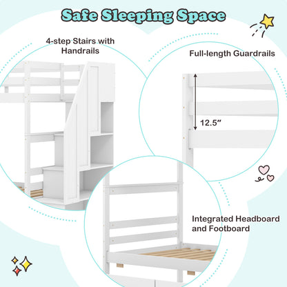 Solid Wood Twin Over Twin Bunk Bed with Storage Stairs, Drawers, and Guardrails - White