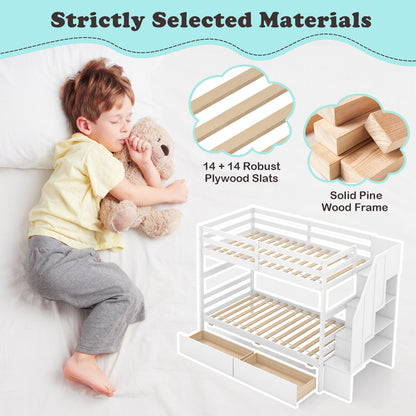 Solid Wood Twin Over Twin Bunk Bed with Storage Stairs, Drawers, and Guardrails - White