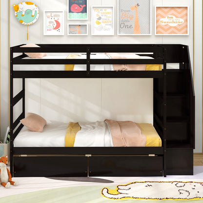 Solid Wood Twin Over Twin Bunk Bed with Storage Stairs, Drawers, and Guardrails - Coffee
