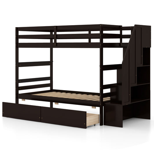 Solid Wood Twin Over Twin Bunk Bed with Storage Stairs, Drawers, and Guardrails - Coffee