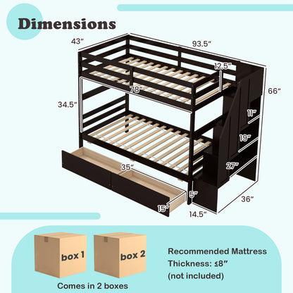 Solid Wood Twin Over Twin Bunk Bed with Storage Stairs, Drawers, and Guardrails - Coffee