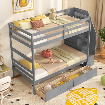 Solid Wood Twin Over Twin Bunk Bed with Storage Stairs, Drawers, and Guardrails - Grey