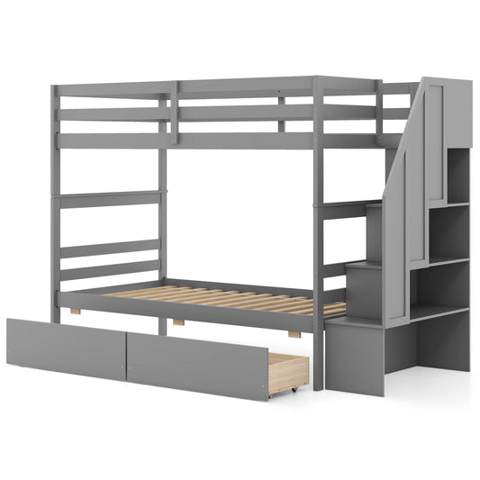 Solid Wood Twin Over Twin Bunk Bed with Storage Stairs, Drawers, and Guardrails - Grey
