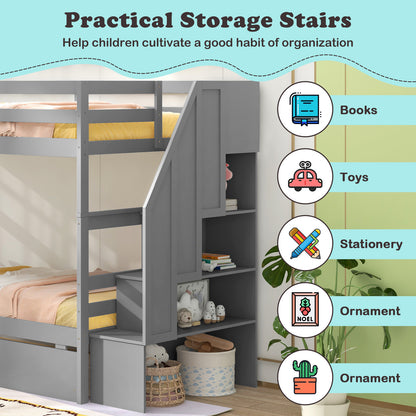 Solid Wood Twin Over Twin Bunk Bed with Storage Stairs, Drawers, and Guardrails - Grey
