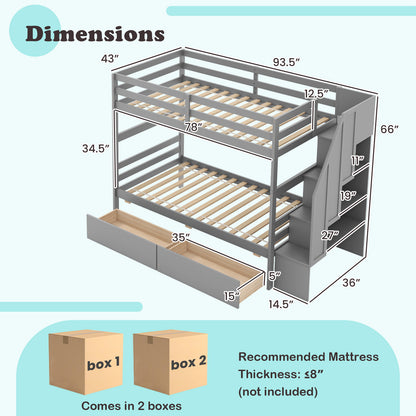Solid Wood Twin Over Twin Bunk Bed with Storage Stairs, Drawers, and Guardrails - Grey
