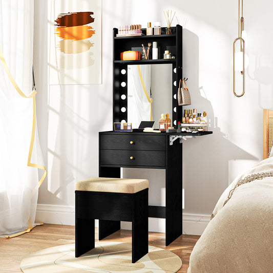 Compact Vanity Table Set with 3-Color LED Mirror, Charging Station and Storage Drawers – Black