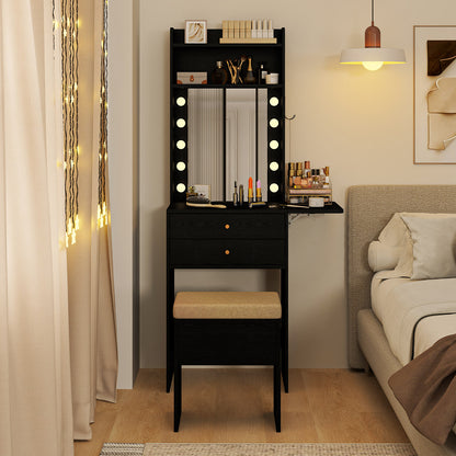 Compact Vanity Table Set with 3-Color LED Mirror, Charging Station and Storage Drawers – Black