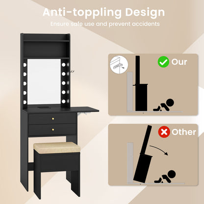 Compact Vanity Table Set with 3-Color LED Mirror, Charging Station and Storage Drawers – Black