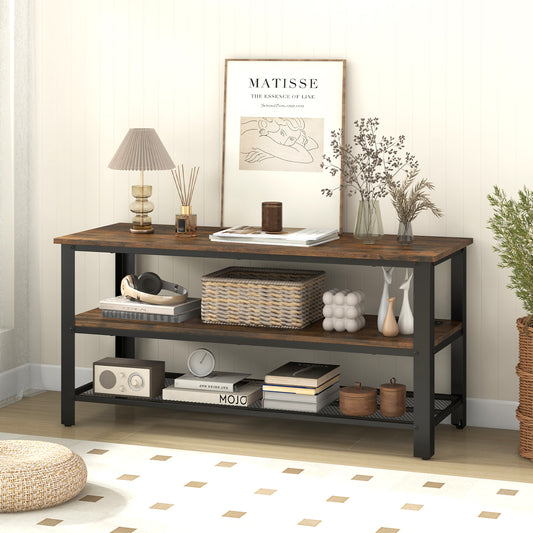 Industrial 3 Tier TV Stand with Open Shelves and Metal Mesh Storage for TVs up to 50 Inches