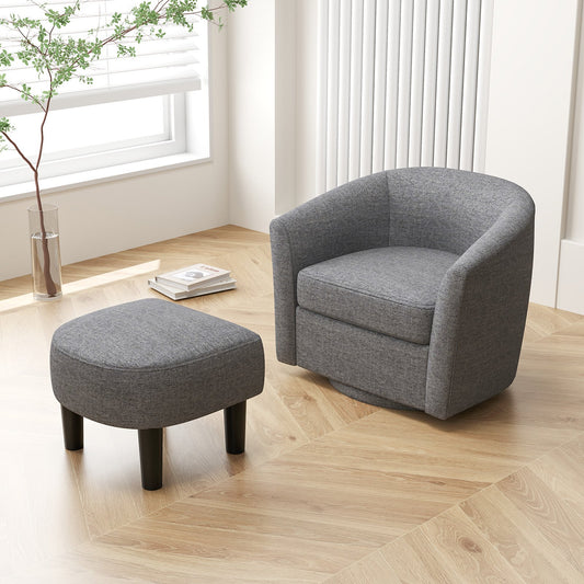 360 Degree Swivel Club Chair with Matching Ottoman and Ergonomic Backrest - Grey
