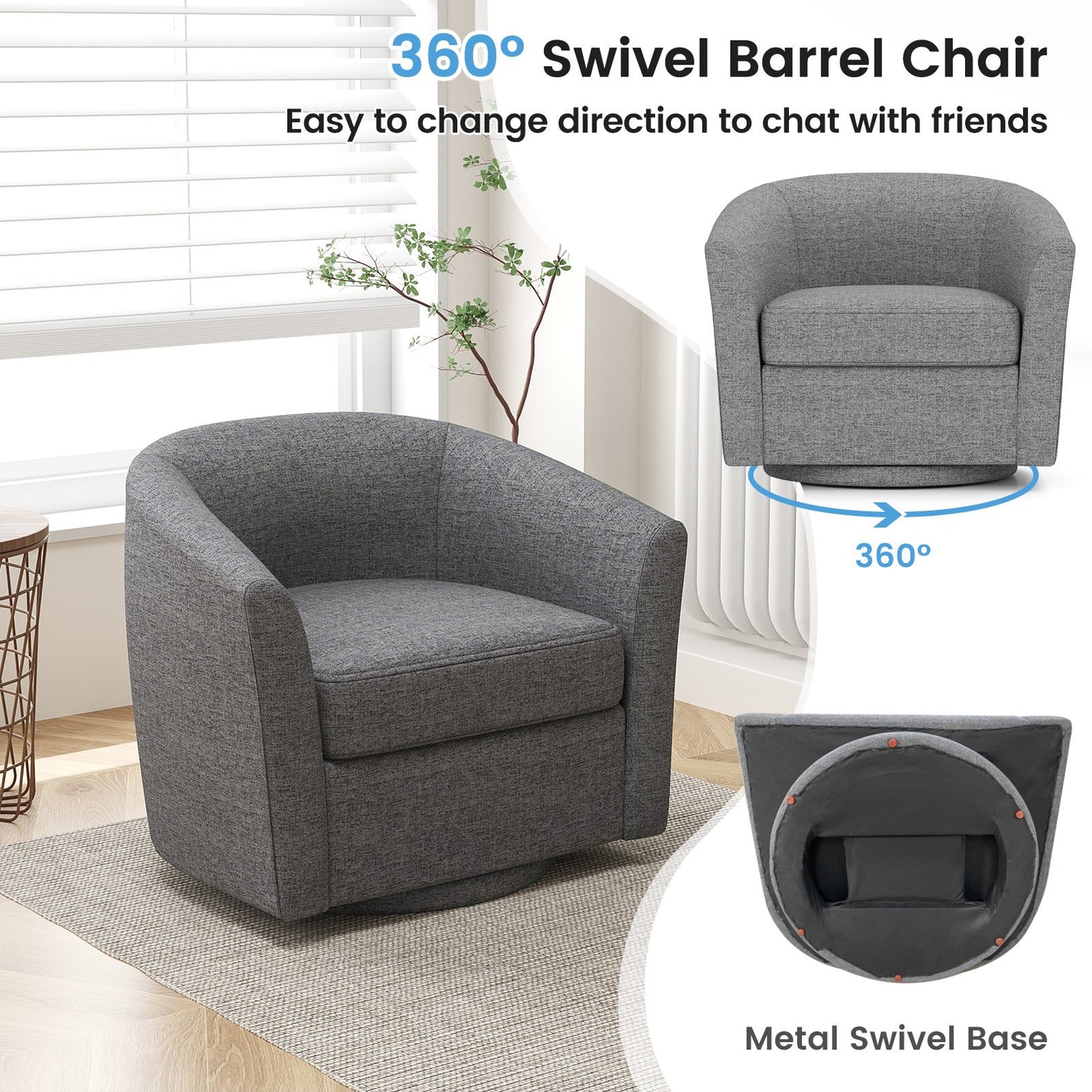 360 Degree Swivel Club Chair with Matching Ottoman and Ergonomic Backrest - Grey