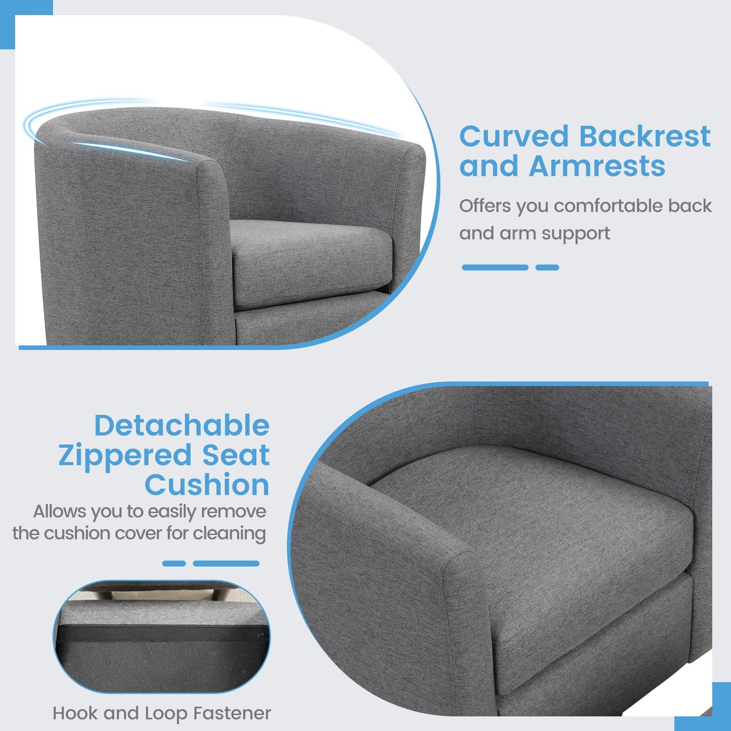360 Degree Swivel Club Chair with Matching Ottoman and Ergonomic Backrest - Grey