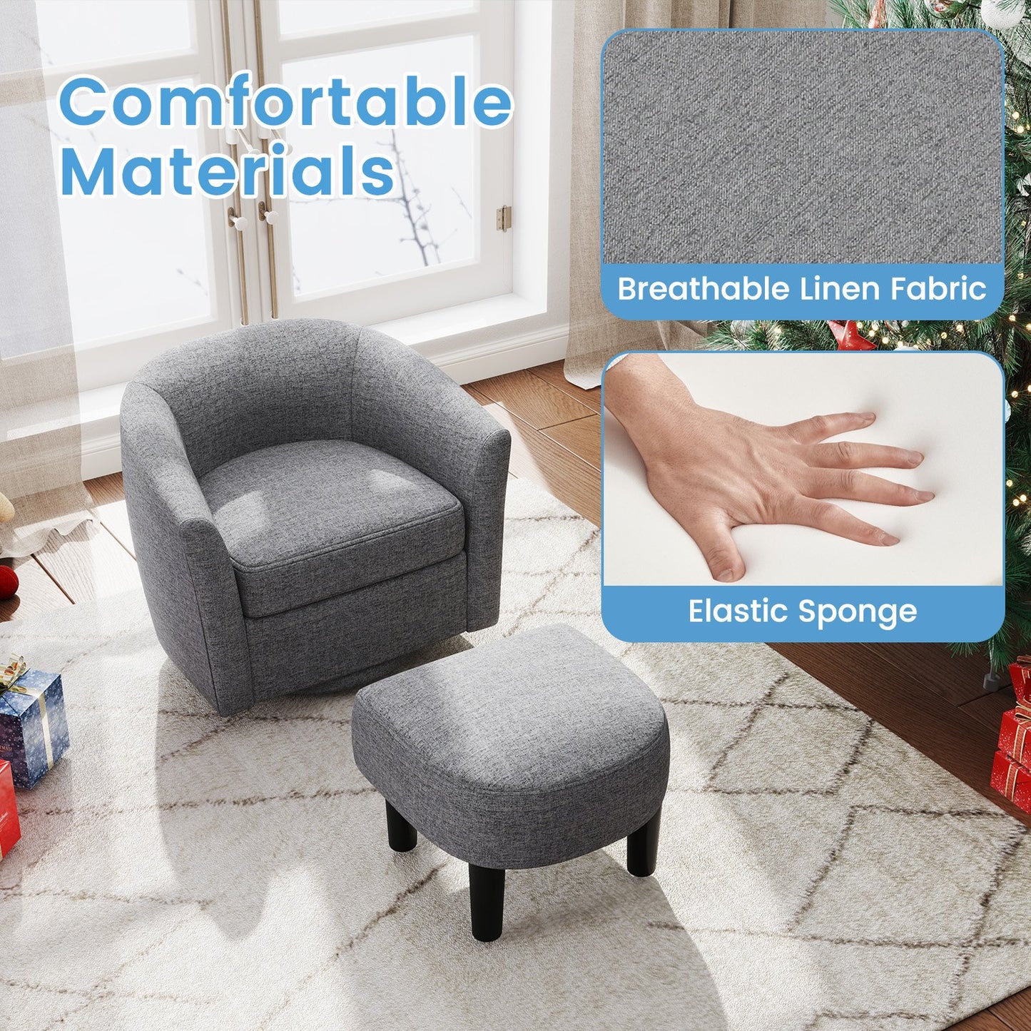 360 Degree Swivel Club Chair with Matching Ottoman and Ergonomic Backrest - Grey